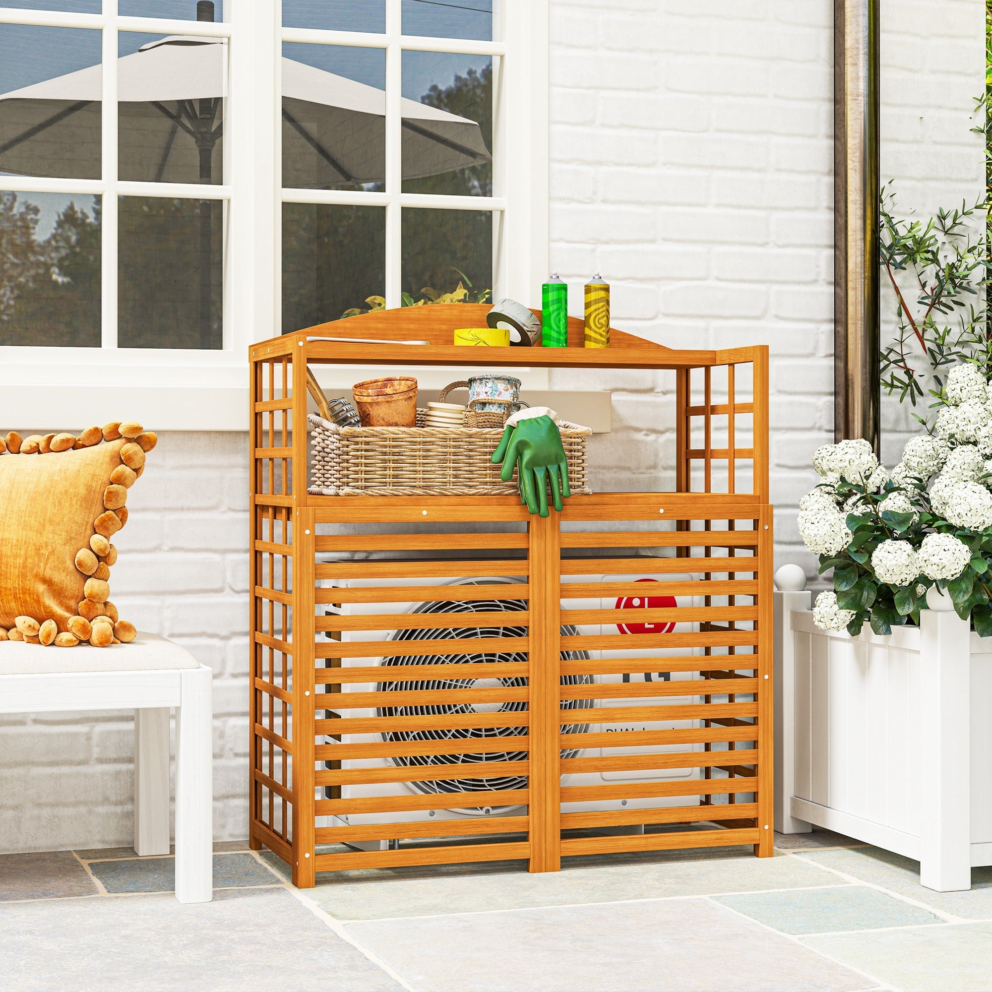 Outsunny Wood Air Conditioner Fence, Outdoor Privacy Screen Potting Table