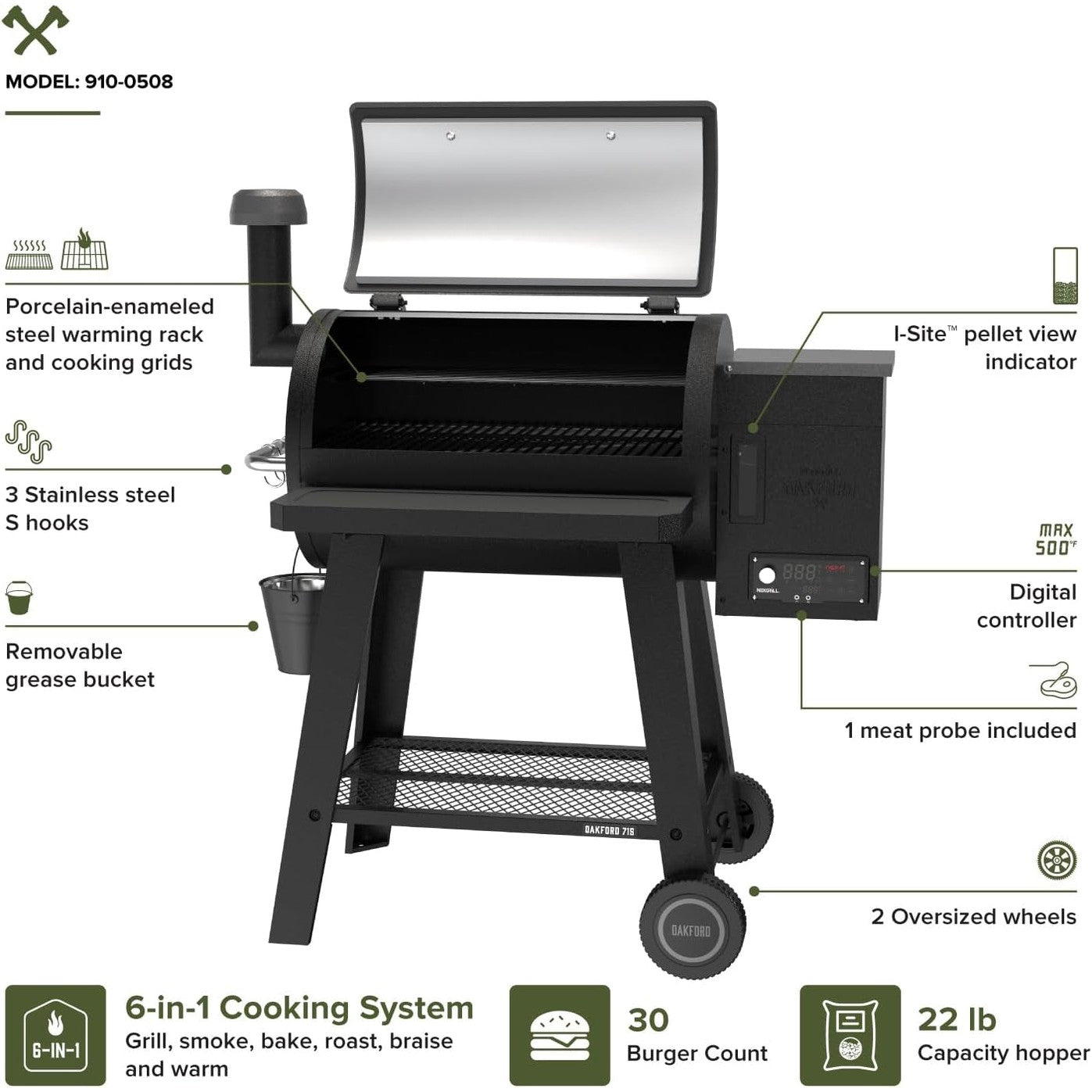 Oakford 715 Wood Pellet Grill with 715 SQ in Cooking Area, Steel Wire Grates, I-Site View Indicator, Heavy Duty Pellet Smoker Grill with Bluetooth Connectivity - 910-0508