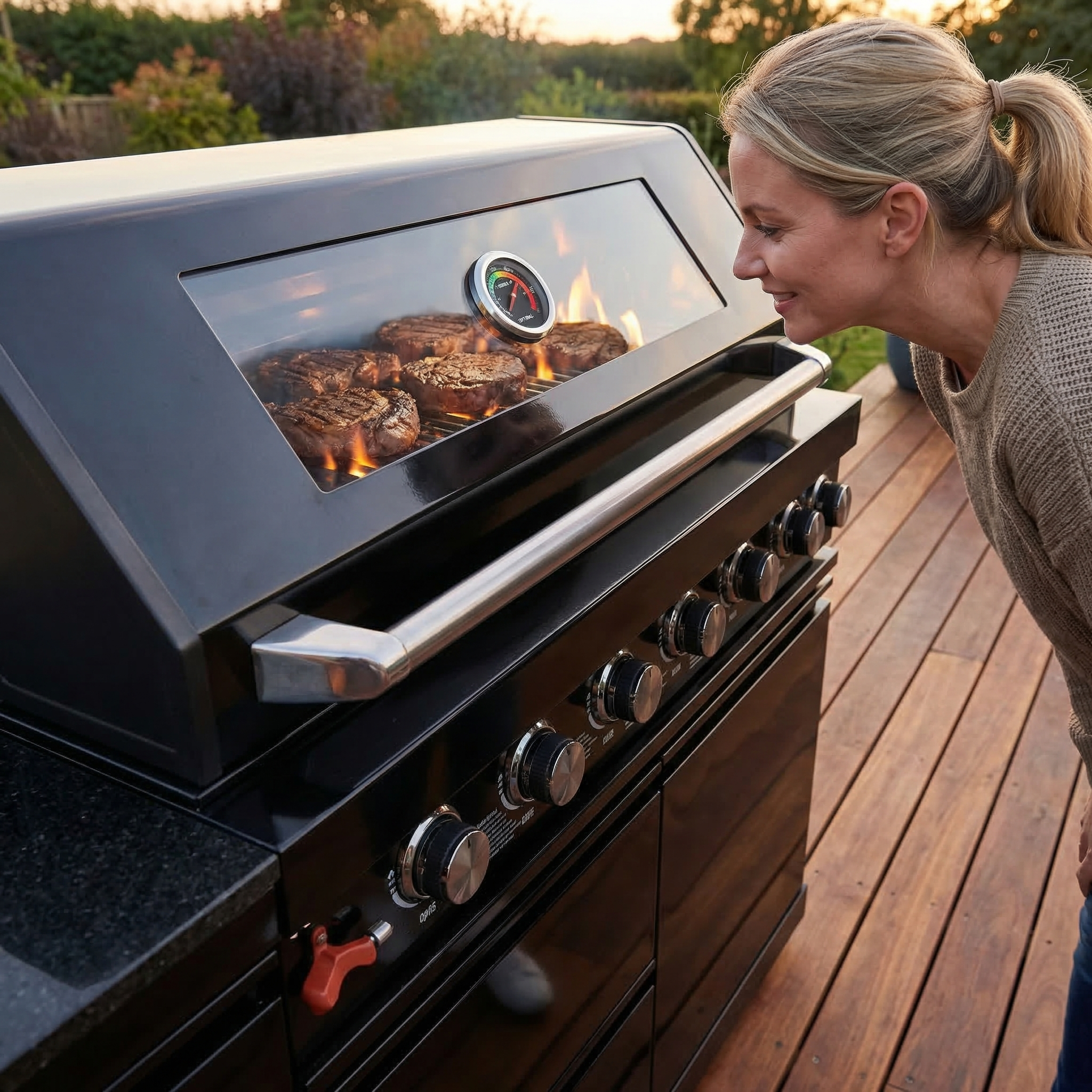 Black 6-Burner 85000 BTU Deluxe Stainless Steel Propane Gas Outdoor Kitchen Barbecue Island Grill with Marble