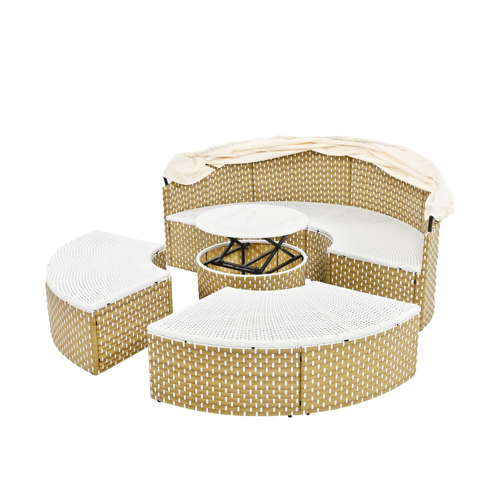 Outdoor Patio Round Rattan Daybed Sectional Beige Retractable Canopy