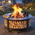 38" Outdoor Fire Pit Table with Grill & Firewood Rack, Wood Burning Fire Pit for Backyard Gatherings, Patio Heating & Outdoor Entertaining, BBQ with Pit Cover, Poker, BBQ Grate, round Fire Pit, Black
