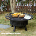 36 Inch Outdoor Fire Pit with Grill,Wood Burning Firepits for outside with Lid & Fire Poker,Metal 3-In-1 Fire Pit Table with Cooking Grate,Outdoor Fireplaces for Bonfire,Yard,Bbqï¼ˆJet Blackï¼‰