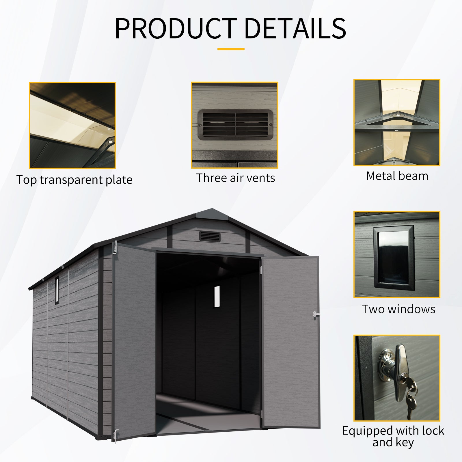 8x14 FT Plastic Outdoor Storage Shed - Lockable Resin Tool Shed with 2 Window & 3 Air vents