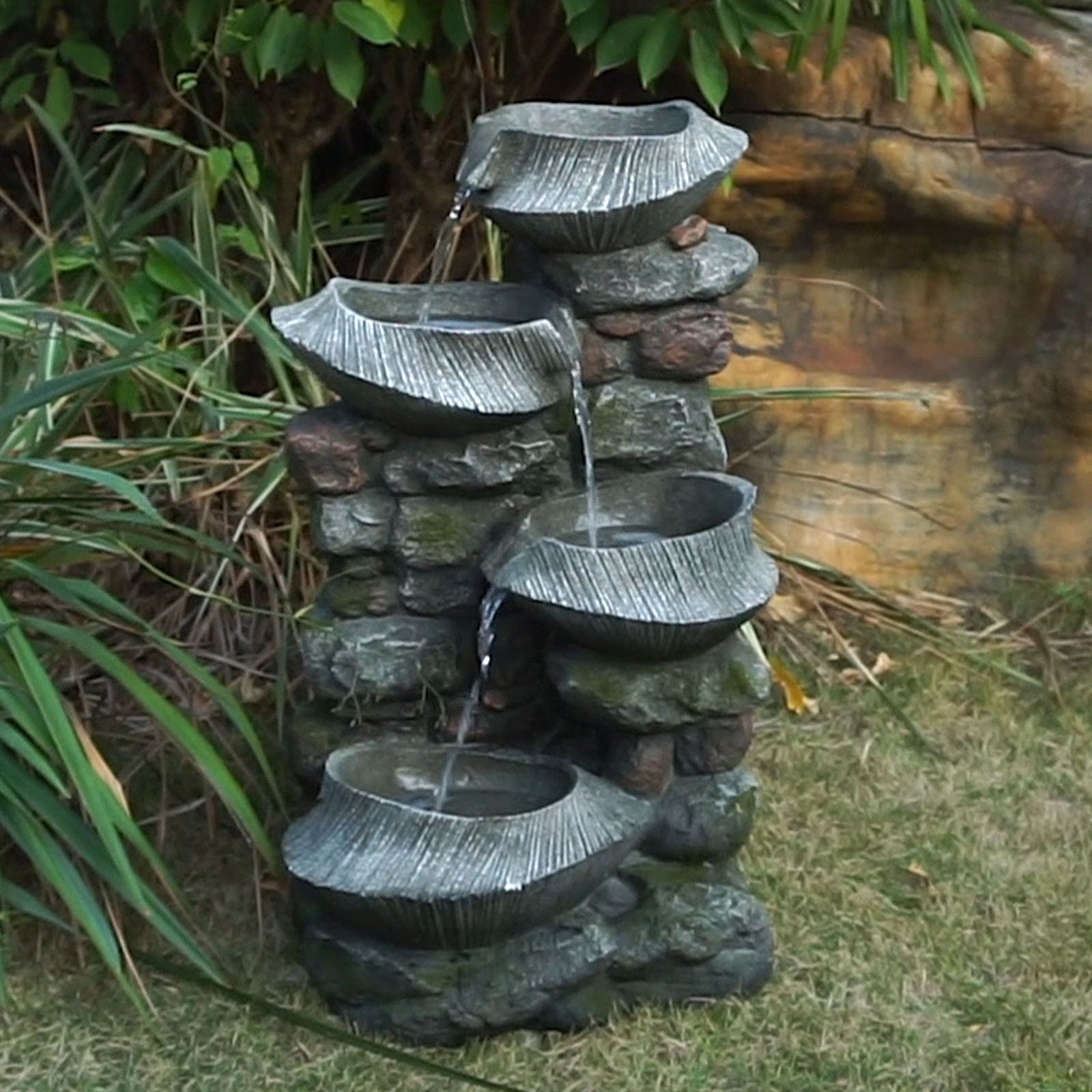 4 Tier Poly resin Cascading Rock Bowl Freestanding Fountain With LED Ligh - Gray