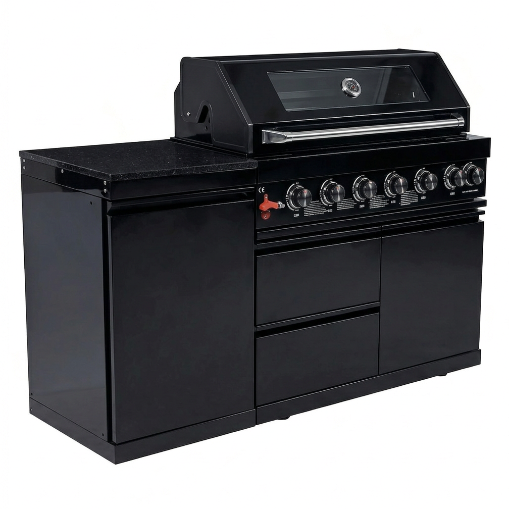 Black 6-Burner 85000 BTU Deluxe Stainless Steel Propane Gas Outdoor Kitchen Barbecue Island Grill with Marble