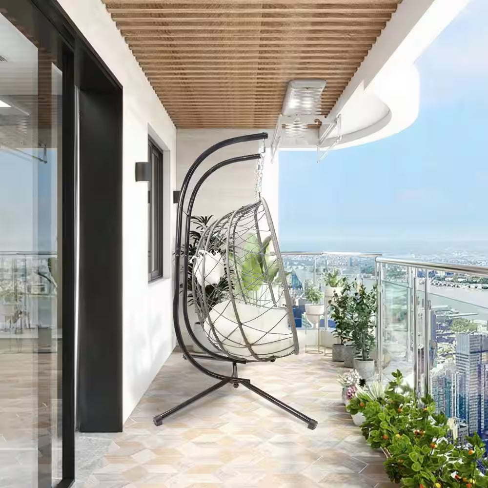 Hanging Swing 2 Seat Chair with Stand, Patio Wicker Hammock Egg Swing with Cushion for Bedroom Garden Indoor Outdoor