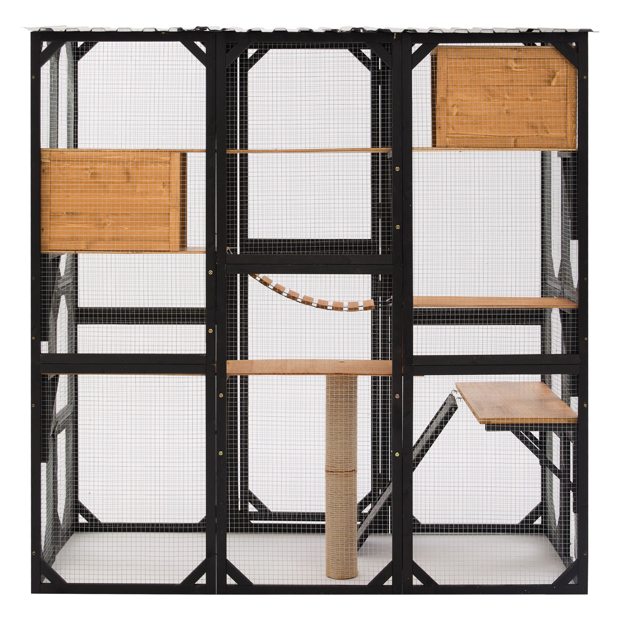 Outdoor Cat Enclosure With Sleeping Houses, Jumping Platforms, & Scratching Post