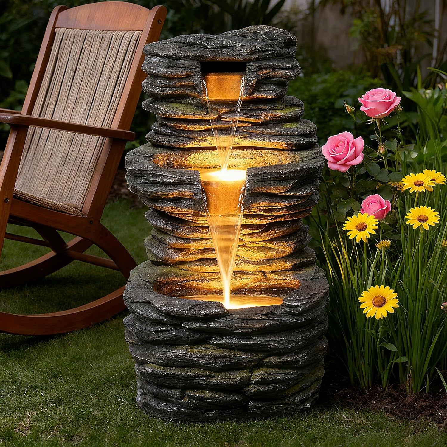 3 Tier Cascading Rock Water Fountain Outdoor Garden,28.74" H Natural Look Outdoor Fountains and Waterfalls with LED Lights for Patio, Deck, Porch, Backyard, outside and Indoor Home Decor