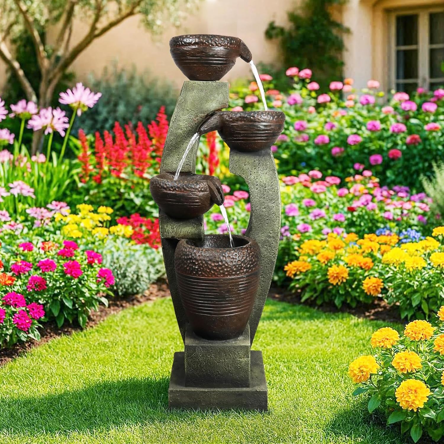 40" Tall Outdoor Water Fountain and Waterfalls - Large Garden Fountain with LED Lights, 4-Tier Crocks, Indoor and Outdoor Fountains for Garden, Patio, Deck, Porch, Backyard and Home, Gray