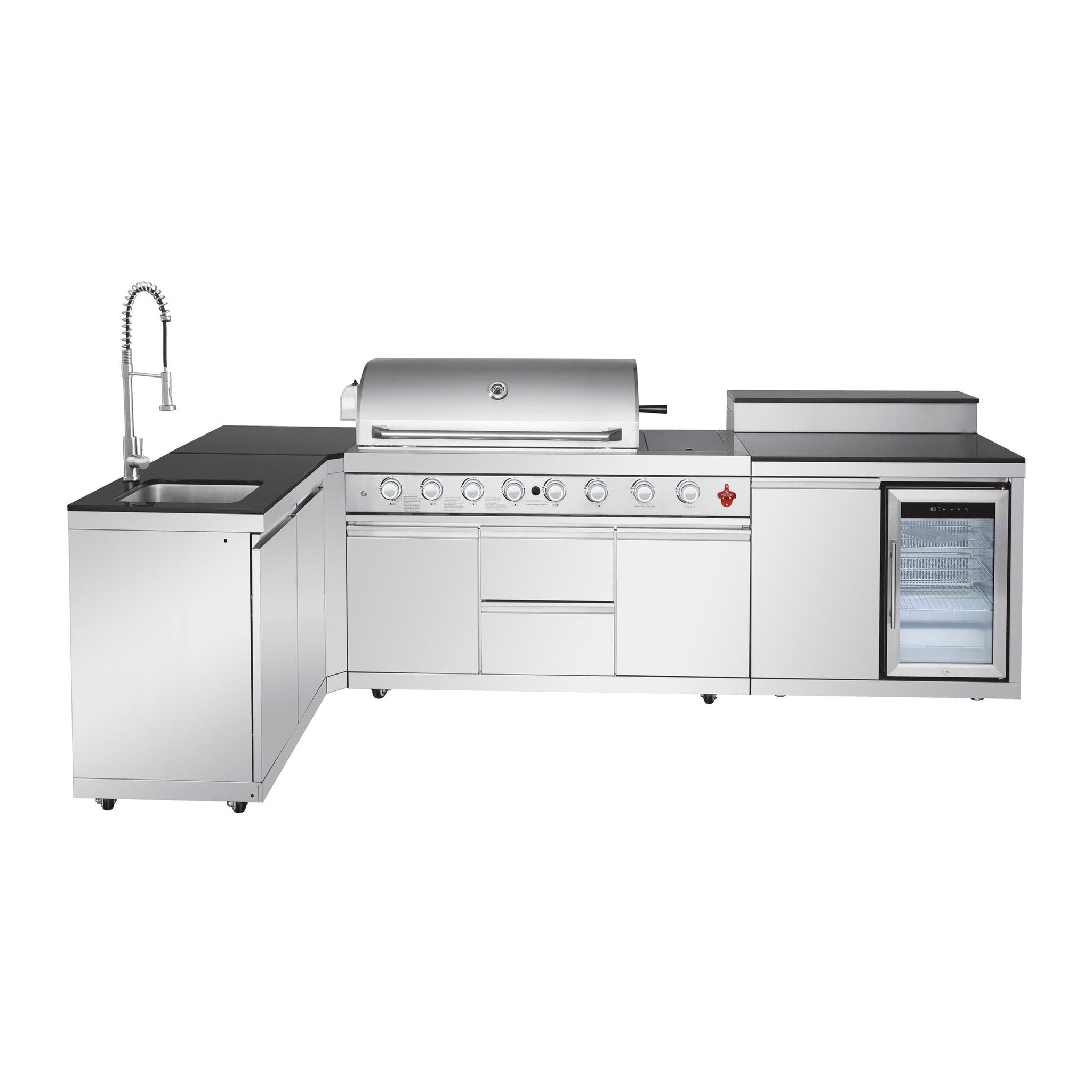 95.8"  6+1 Burner 95,500 BTU Outdoor Kitchen Island Grill Silver + Sink + Refrigerator + Bar Table