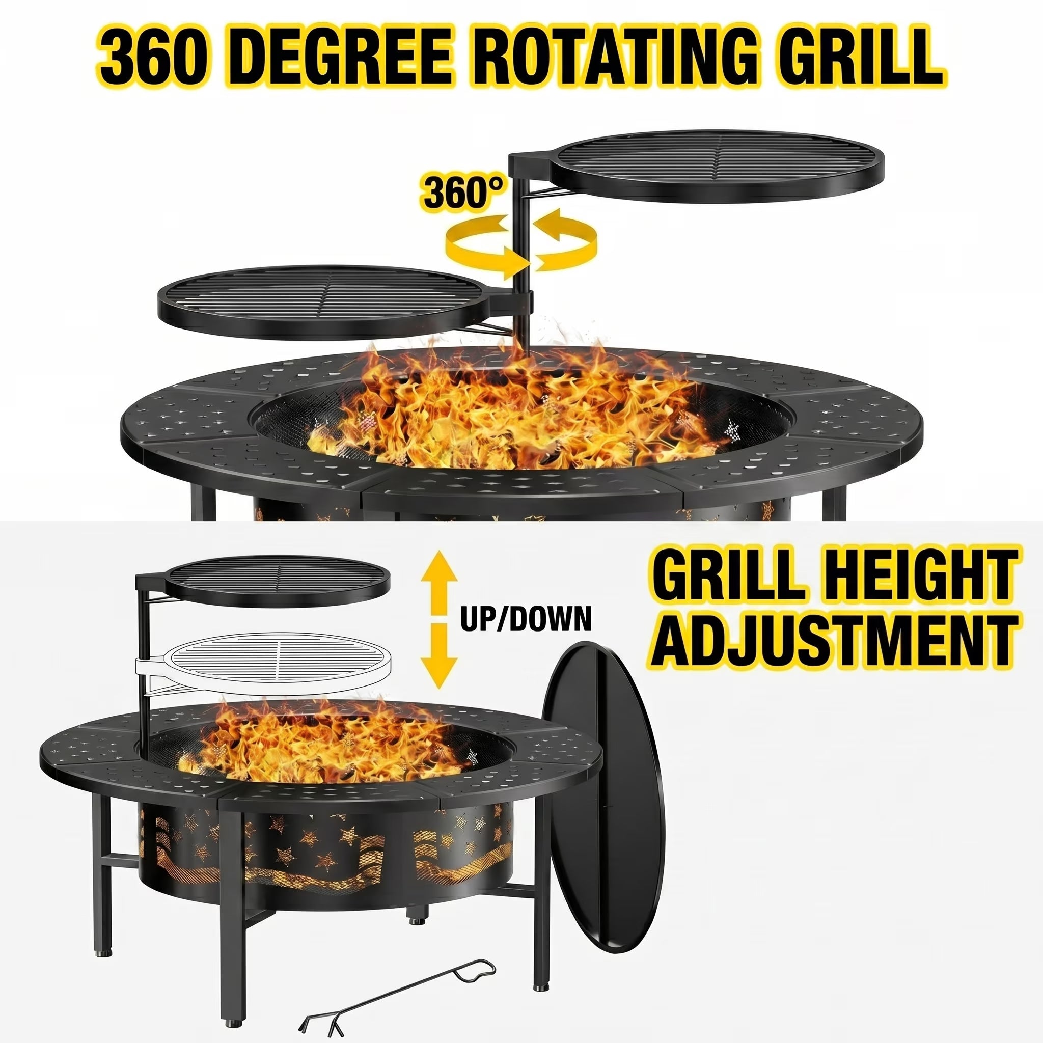 Trumanpick Fire Pit for outside 42" Wood Burning Fire Pit Tables with 2 Adjustable Swivel BBQ Grills, Lid, Poker for Patio Backyard BBQ Ice Storage
