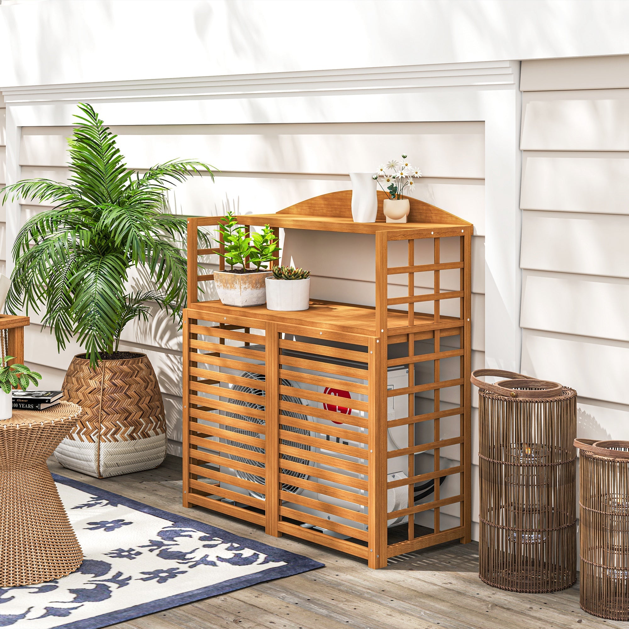 Outsunny Wood Air Conditioner Fence, Outdoor Privacy Screen Potting Table