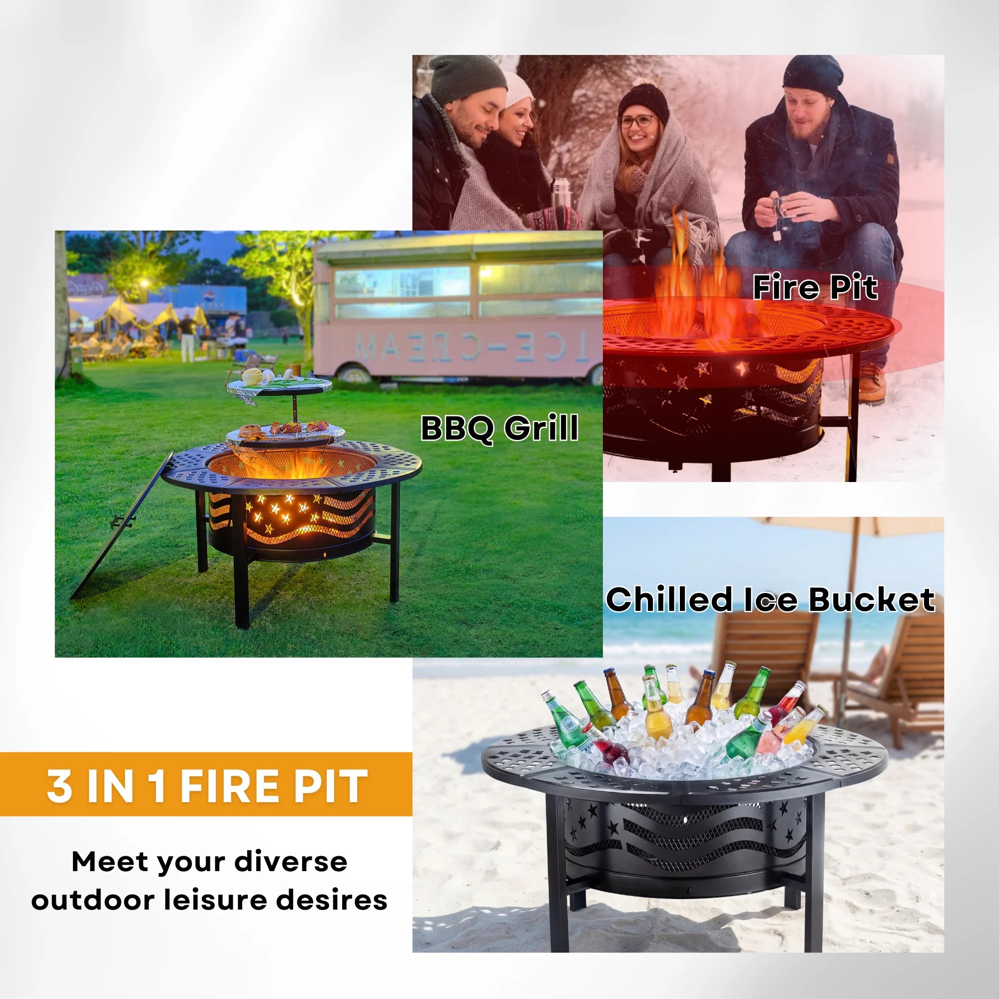 Trumanpick Fire Pit for outside 42" Wood Burning Fire Pit Tables with 2 Adjustable Swivel BBQ Grills, Lid, Poker for Patio Backyard BBQ Ice Storage
