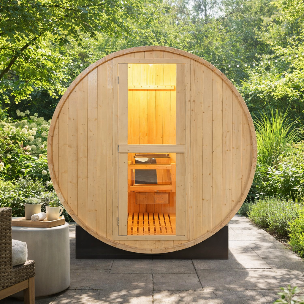 The Haven Premium All-Weather Outdoor Pinewood Barrel Sauna Kit With 4.5KW Heater And Tempered Glass Window