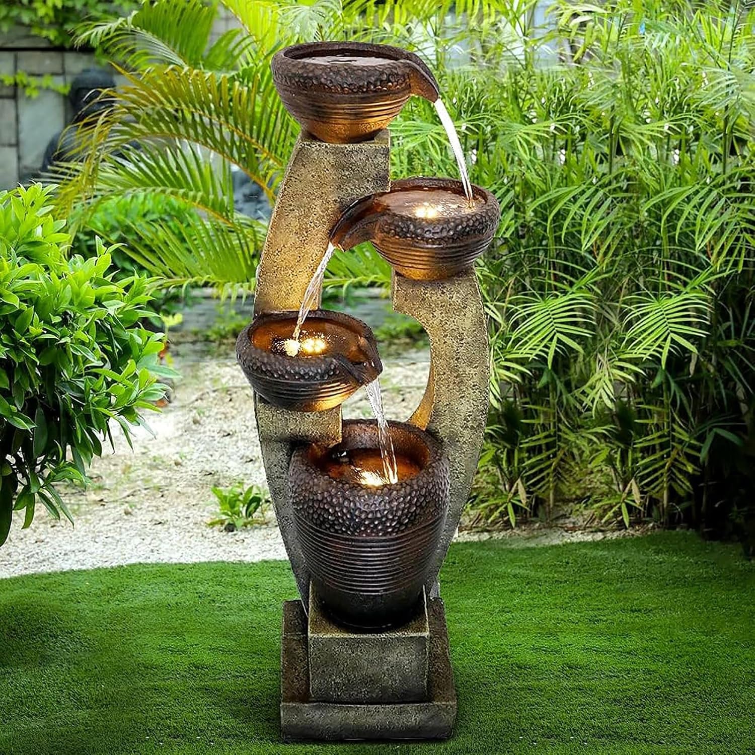 40" Tall Outdoor Water Fountain and Waterfalls - Large Garden Fountain with LED Lights, 4-Tier Crocks, Indoor and Outdoor Fountains for Garden, Patio, Deck, Porch, Backyard and Home, Gray
