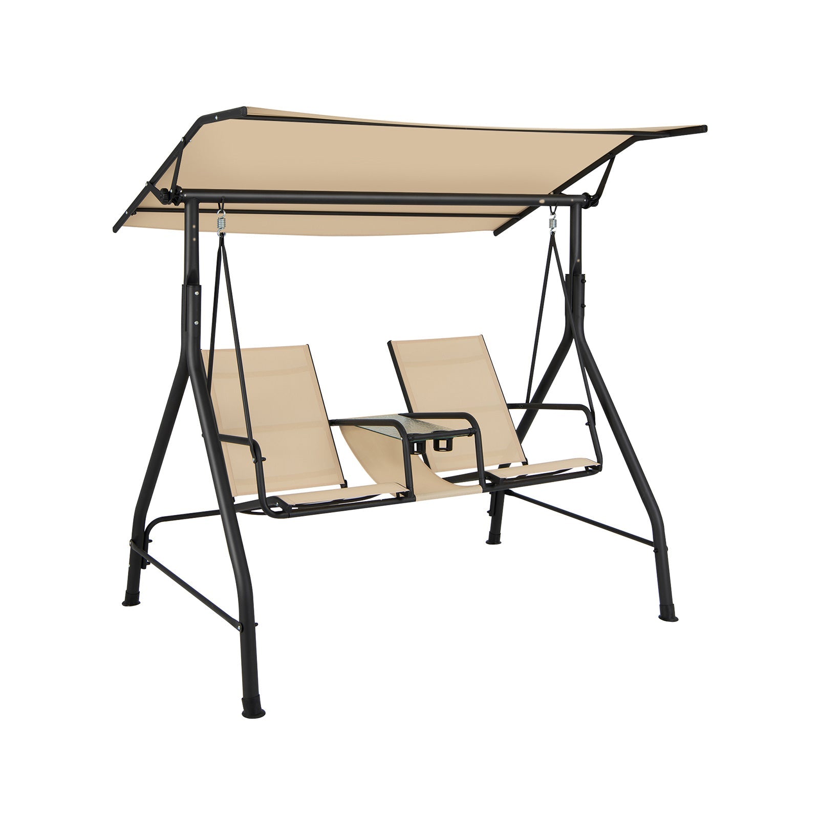 2-Seat Outdoor Cushioned Porch Swing with Adjustable Canopy and Tempered Glass Table