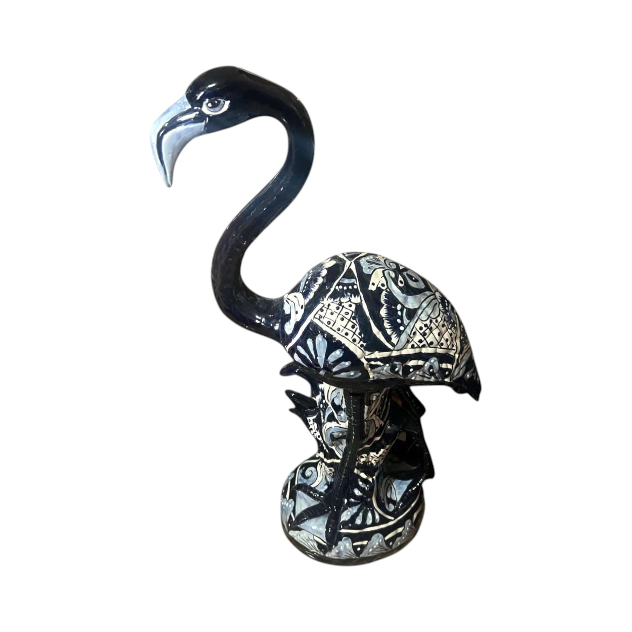 Blue & White  Flamingo Statue | Hand-Painted Bird Pottery