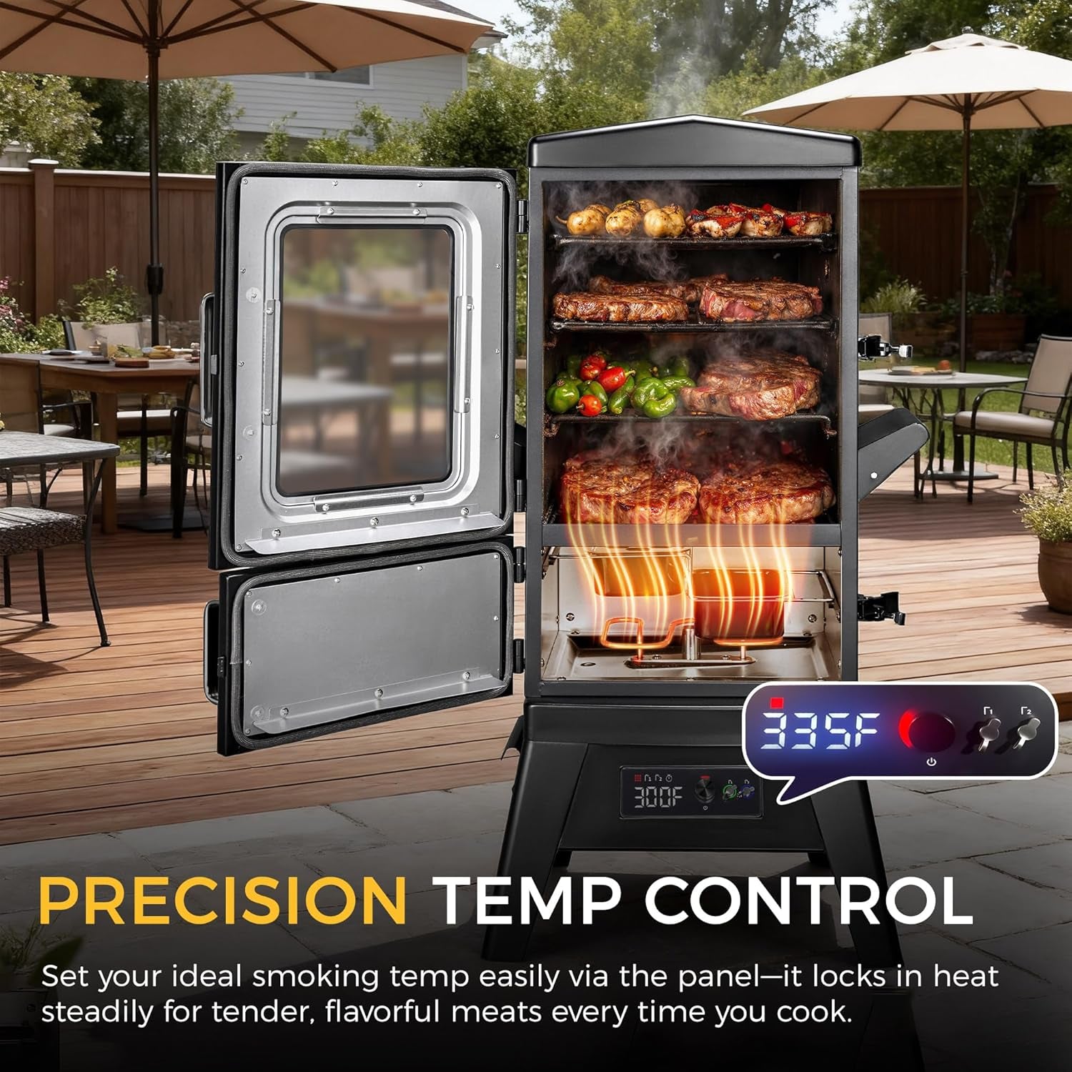 Electric Smoker with Cover, LED Display Build in Meat Probe Large Capacity BBQ Smokers, 4 Racks Smoke More with 633 Sq in Cooking Area, Black