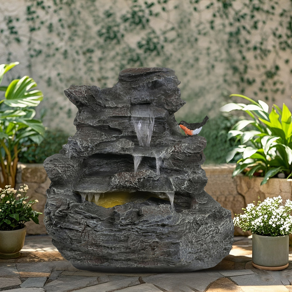 4-Tier Concrete Rock Waterfall Fountain with LED Lights