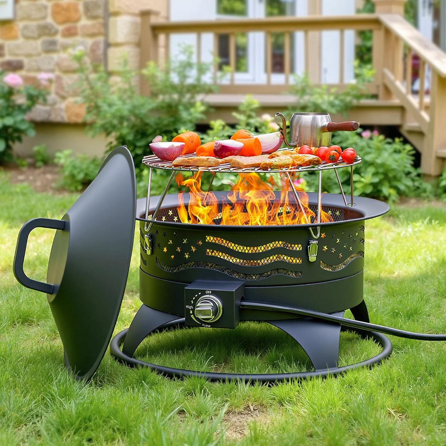 24 Inch Portable Propane Fire Pit with Grill, 60000 BTU Outdoor Gas Firepit with Lava Rocks & Adjustable Flame, Smokeless Gas Firebowl for Backyard, Camping & Gatherings