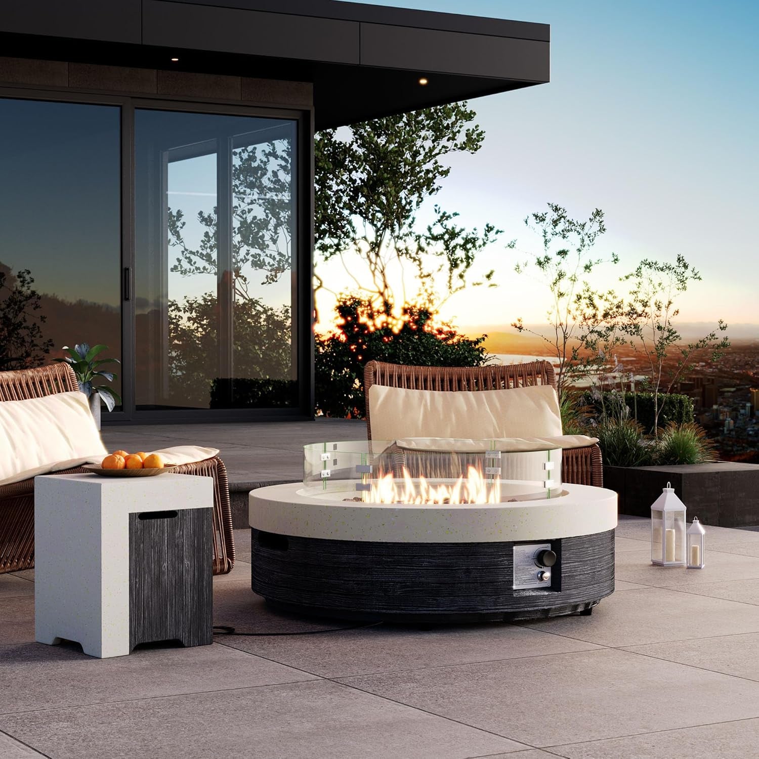 42" Outdoor Propane Fire Pit Table W Tank Cover & Wind Guard, round Gas Fire Pit Table with Concrete & Wood Grain Design, 50000BTU Fire Tables for Patio, Backyard, Garden