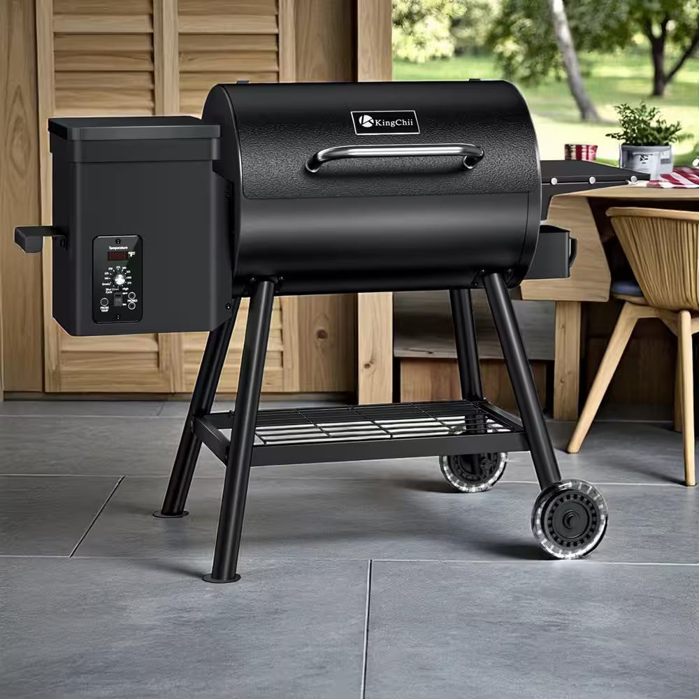 KingChii - 456 Sq. In. Wood Pellet Grill and Smoker BBQ with PID Auto Temperature Control in Black