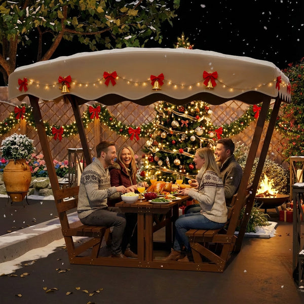 Outdoor Waterproof Solid Wood Picnic Table and Bench Set with Removable Canopy