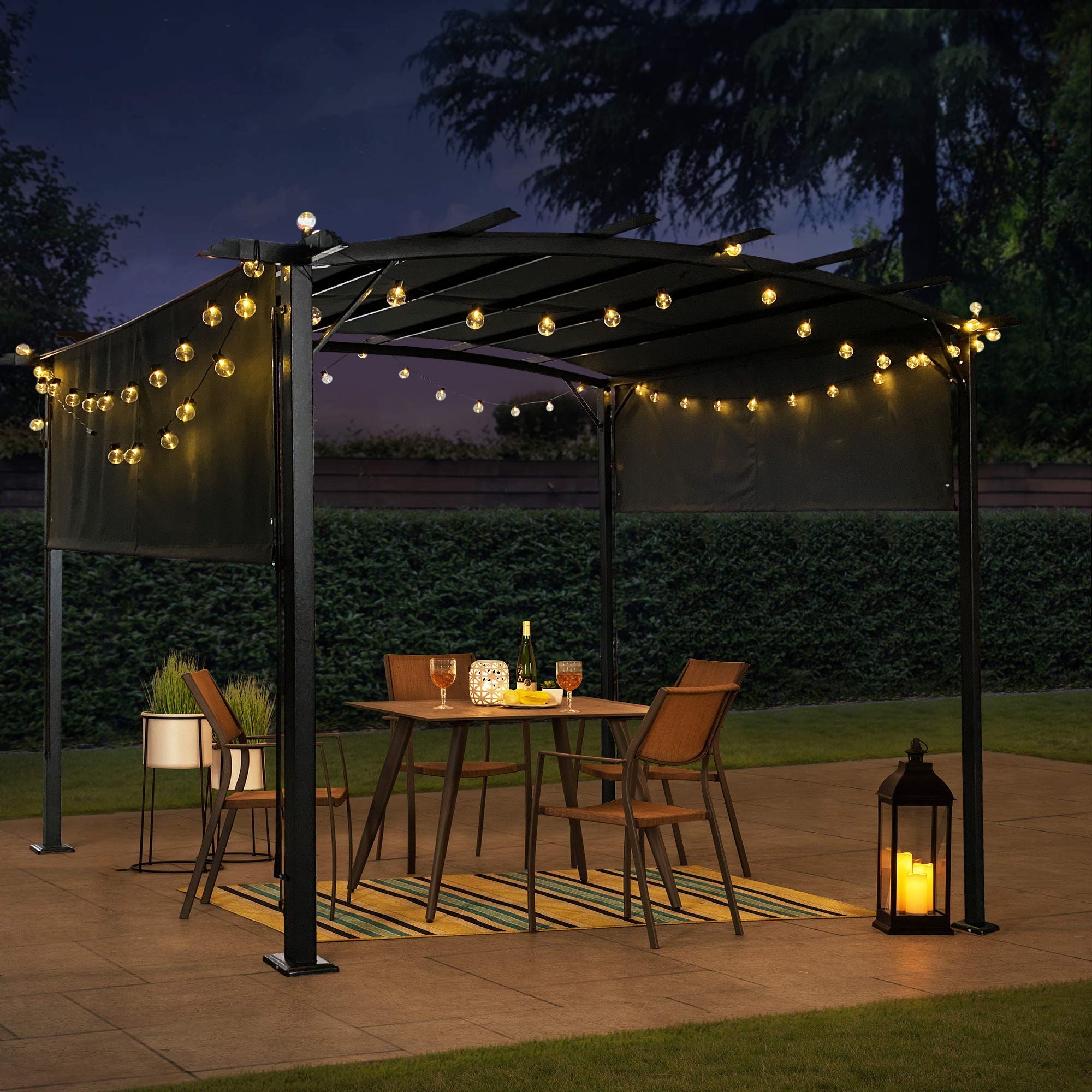 12' x 9' Outdoor Patio Pergola Gazebo - Steel Frame Sun Shelter With Retractable Canopy