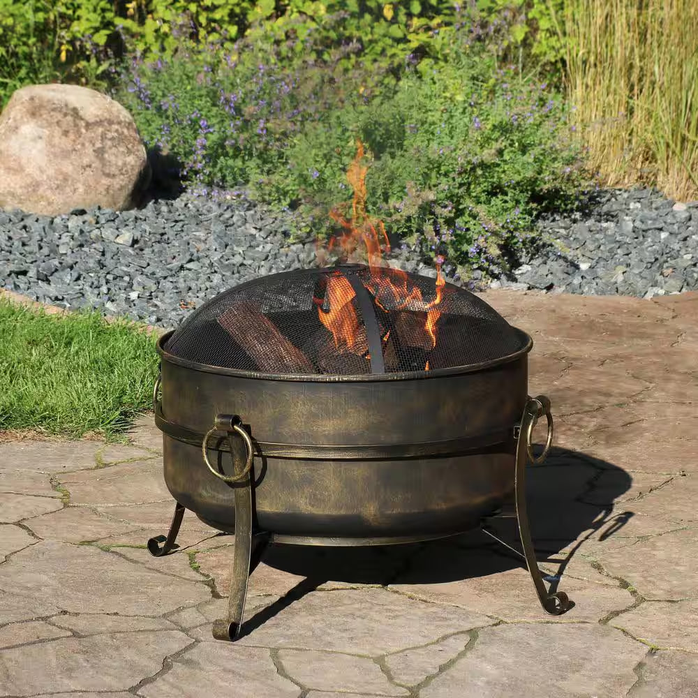 Cauldron 24 In. X 23 In. round Steel Wood Fire Pit with Spark Screen in Black