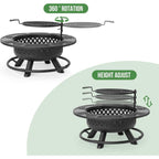 36 Inch Fire Pit with Grill,Wood Burning Fire Pits for outside with Lid& Fire Poker,Round Metal Firepit Table 3 in 1 with Cooking Grate,Outdoor Firepits for Yard Patio Bonfire Camping(Black)