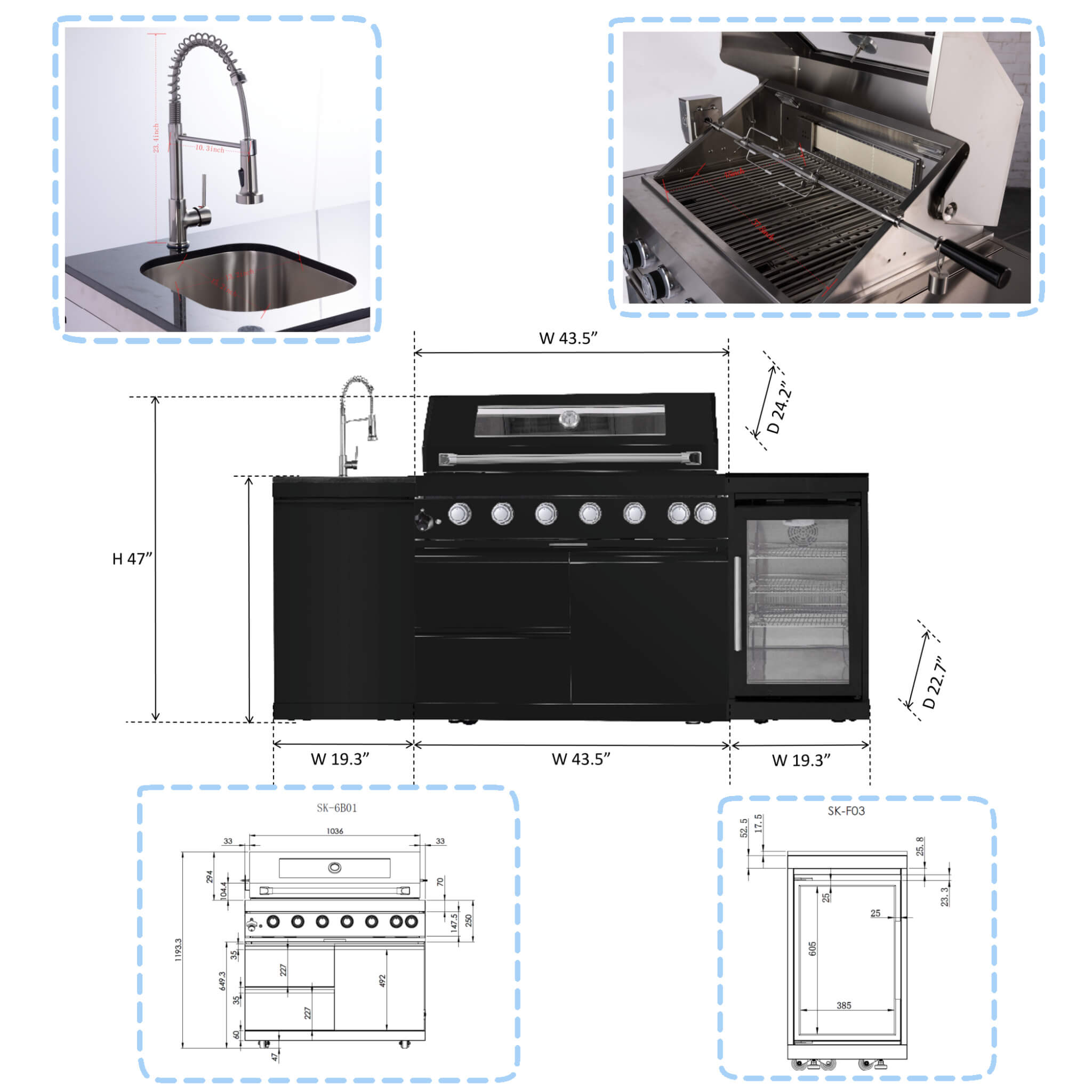 Avalon 43-Inch 6-Burner 85K BTU Outdoor BBQ Kitchen Grill Island