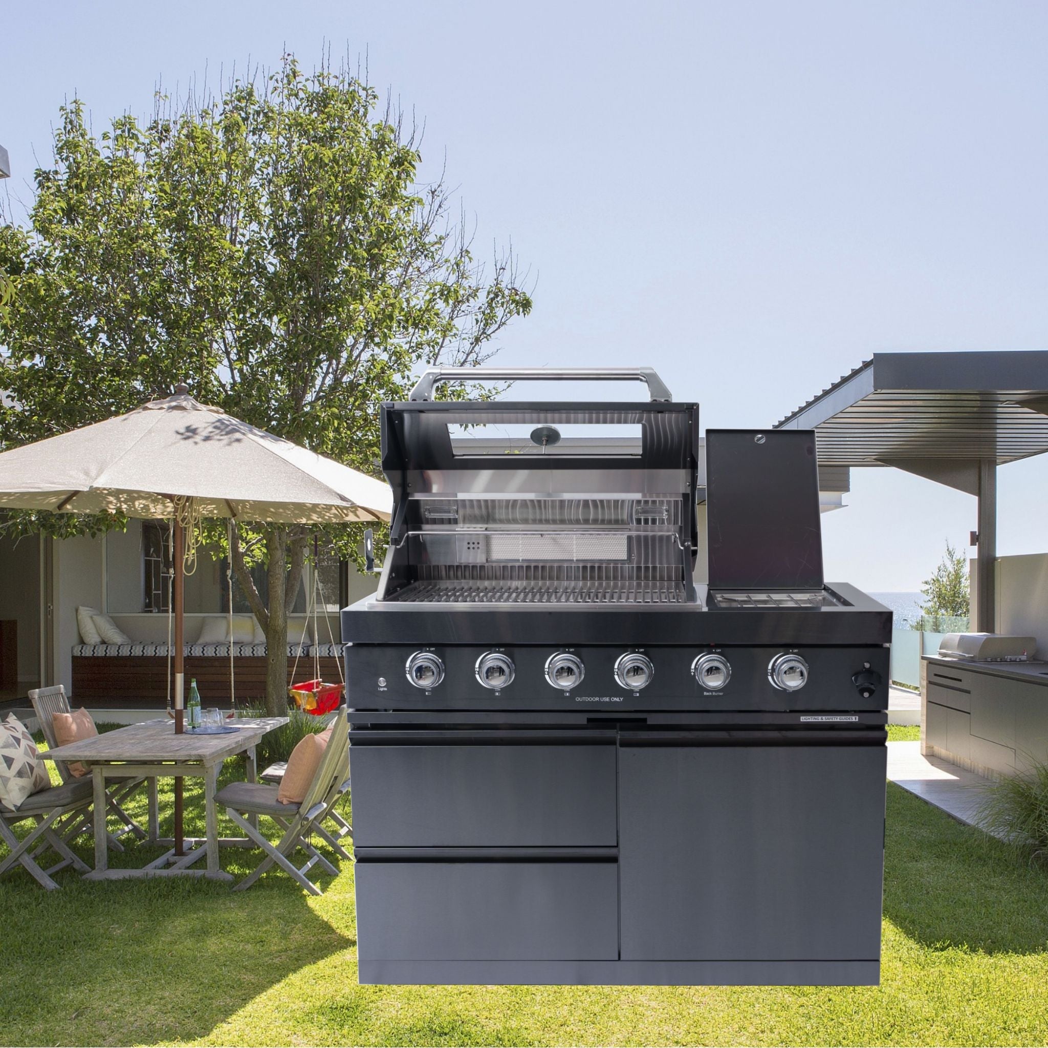 Premium Black Stainless Steel 4-Burner Liquid Propane Kitchen Grill Island With Rotisserie Kit