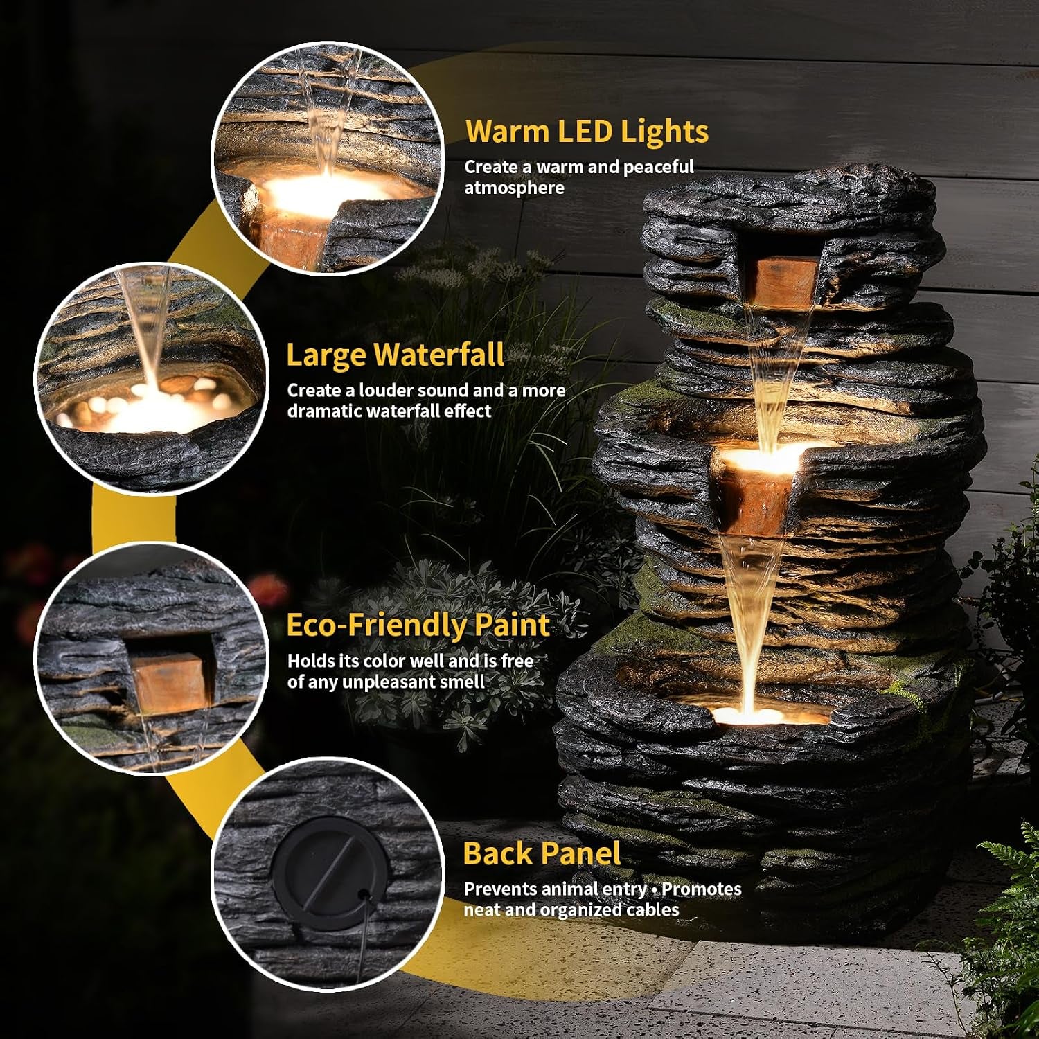 3 Tier Cascading Rock Water Fountain Outdoor Garden,28.74" H Natural Look Outdoor Fountains and Waterfalls with LED Lights for Patio, Deck, Porch, Backyard, outside and Indoor Home Decor