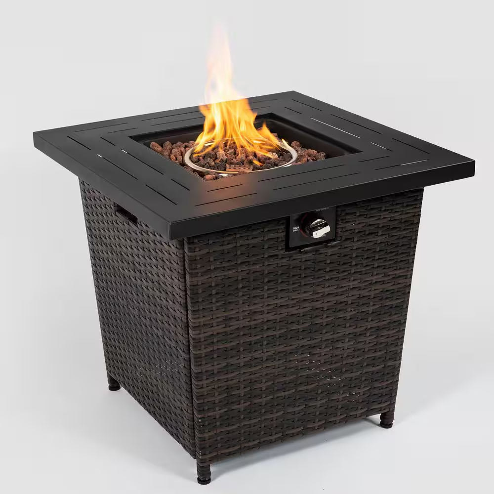 28 In. W X 25 In. H Rattan Square Propane Fire Pit Table in Black Brown