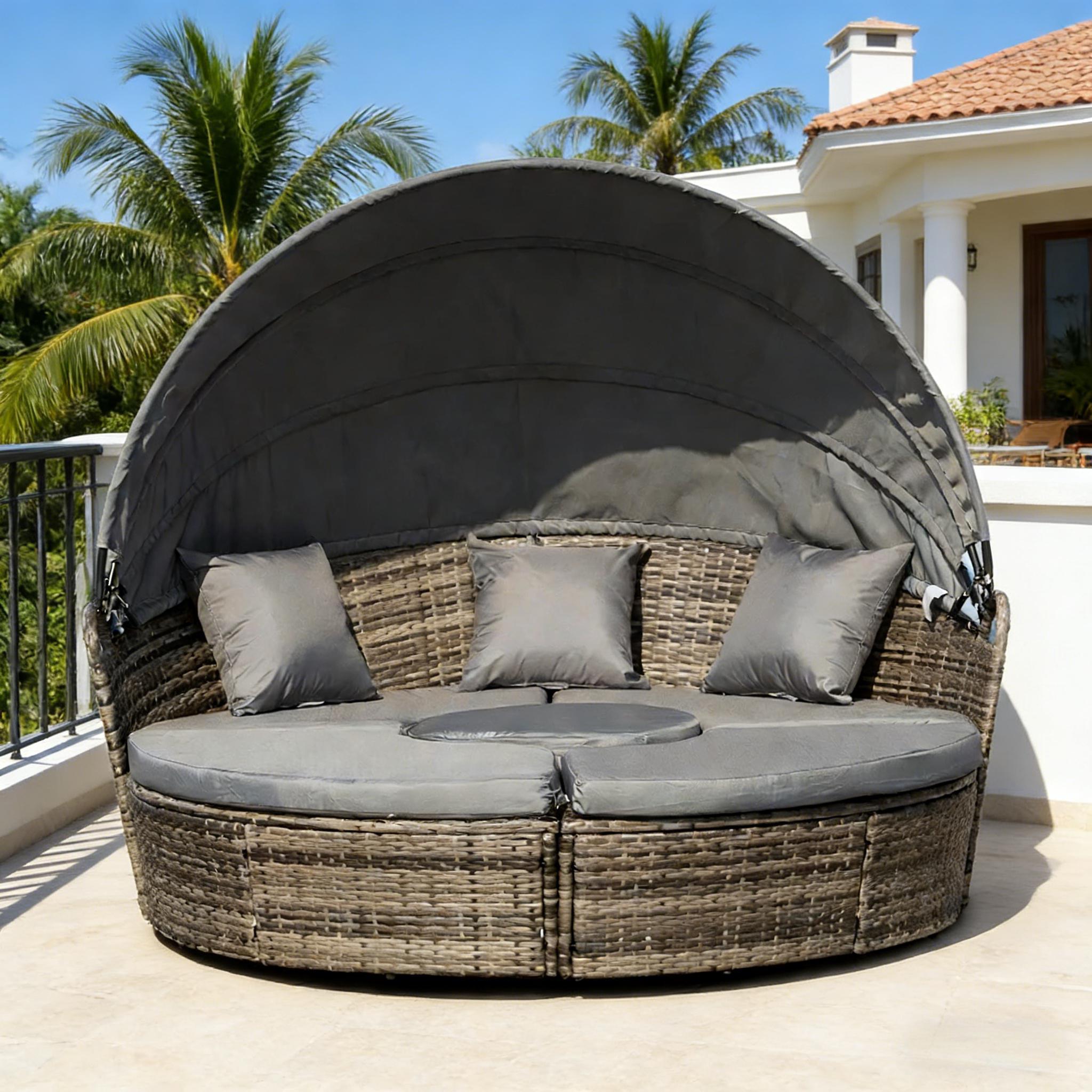 Outdoor Round Daybed Set PE Rattan Dark Gray 4 Piece Canopy