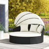 Clamshell Patio Round Daybed Wicker with Retractable Canopy and Pillows