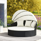 Clamshell Patio Round Daybed Wicker with Retractable Canopy and Pillows