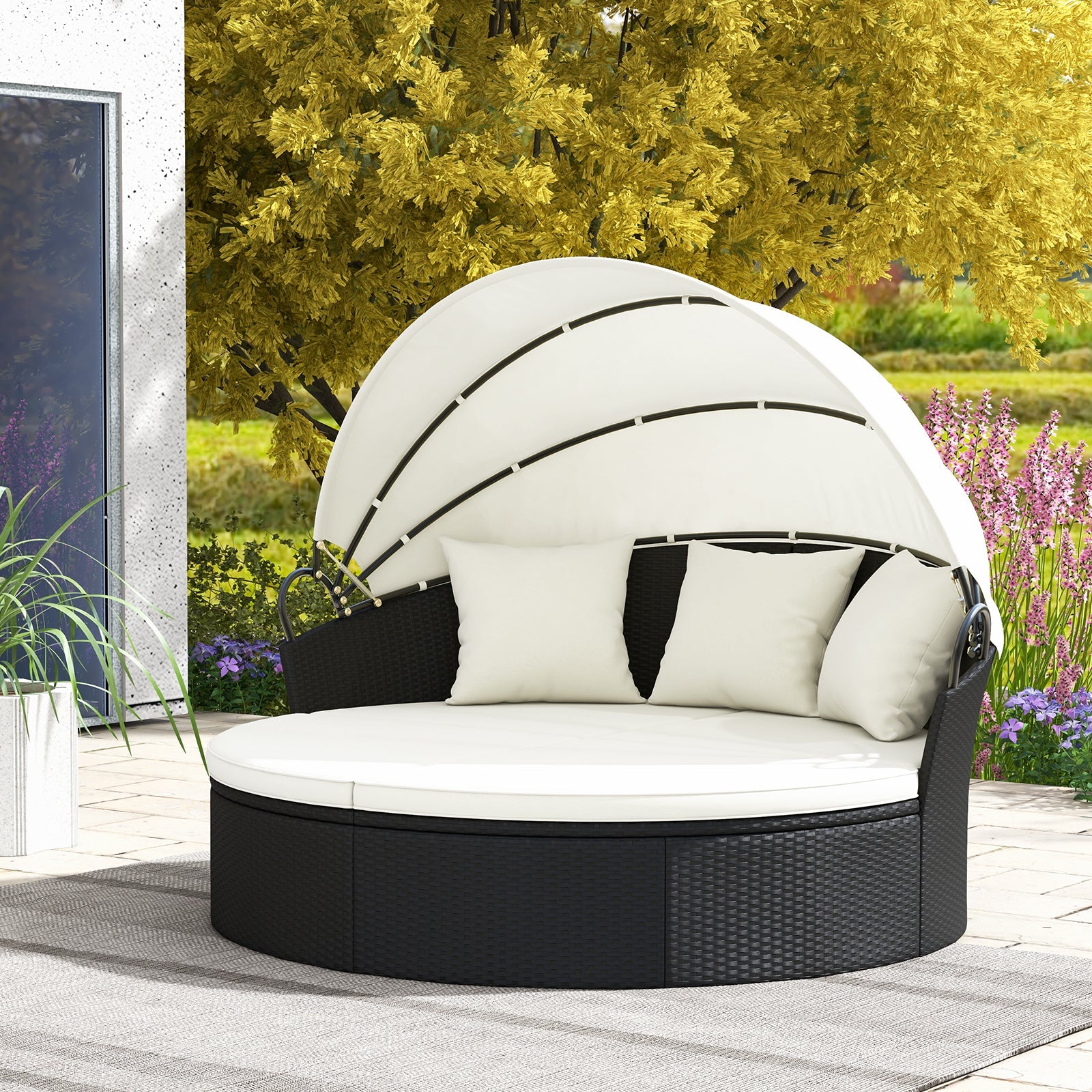 Clamshell Patio Round Daybed Wicker with Retractable Canopy and Pillows