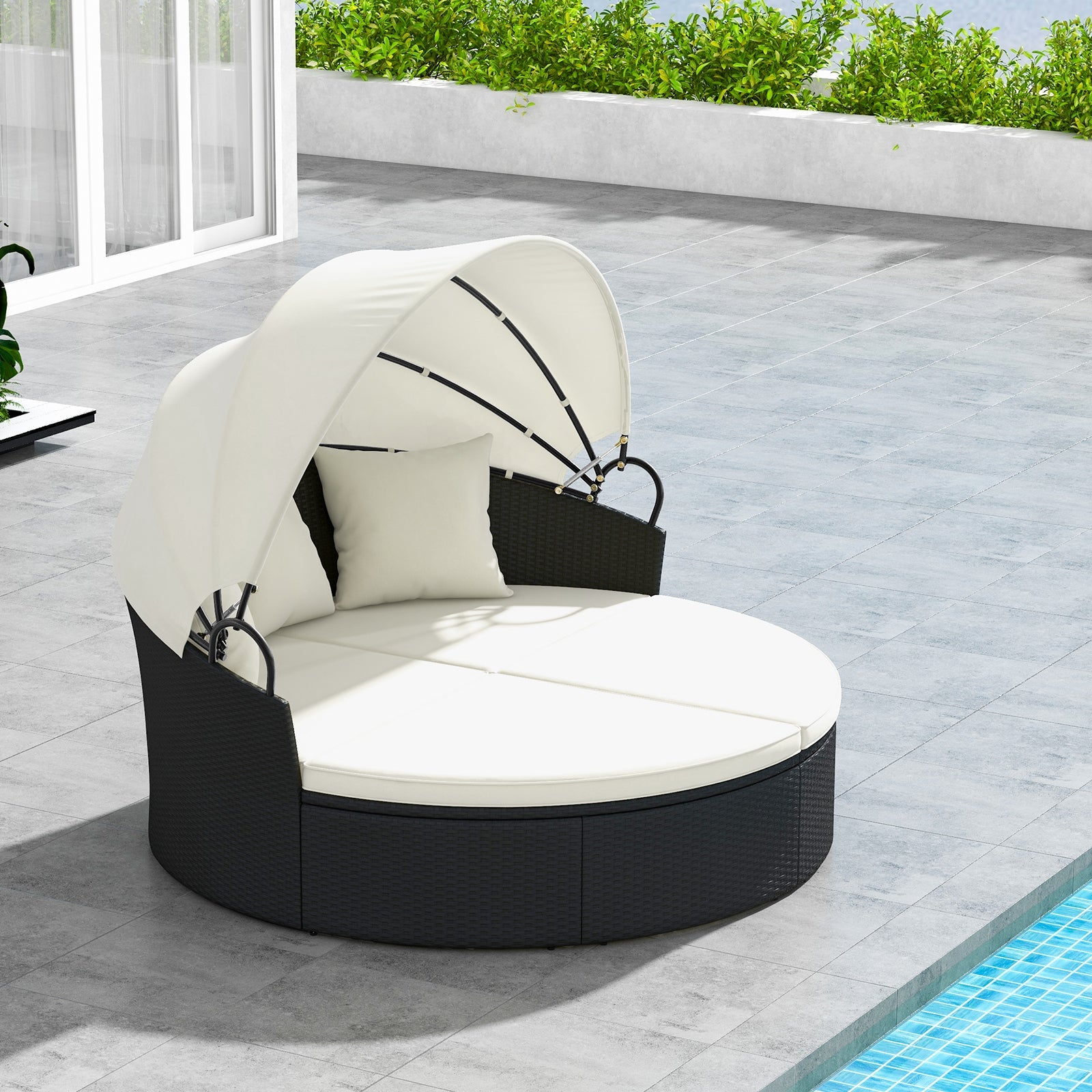 Clamshell Patio Round Daybed Wicker with Retractable Canopy and Pillows