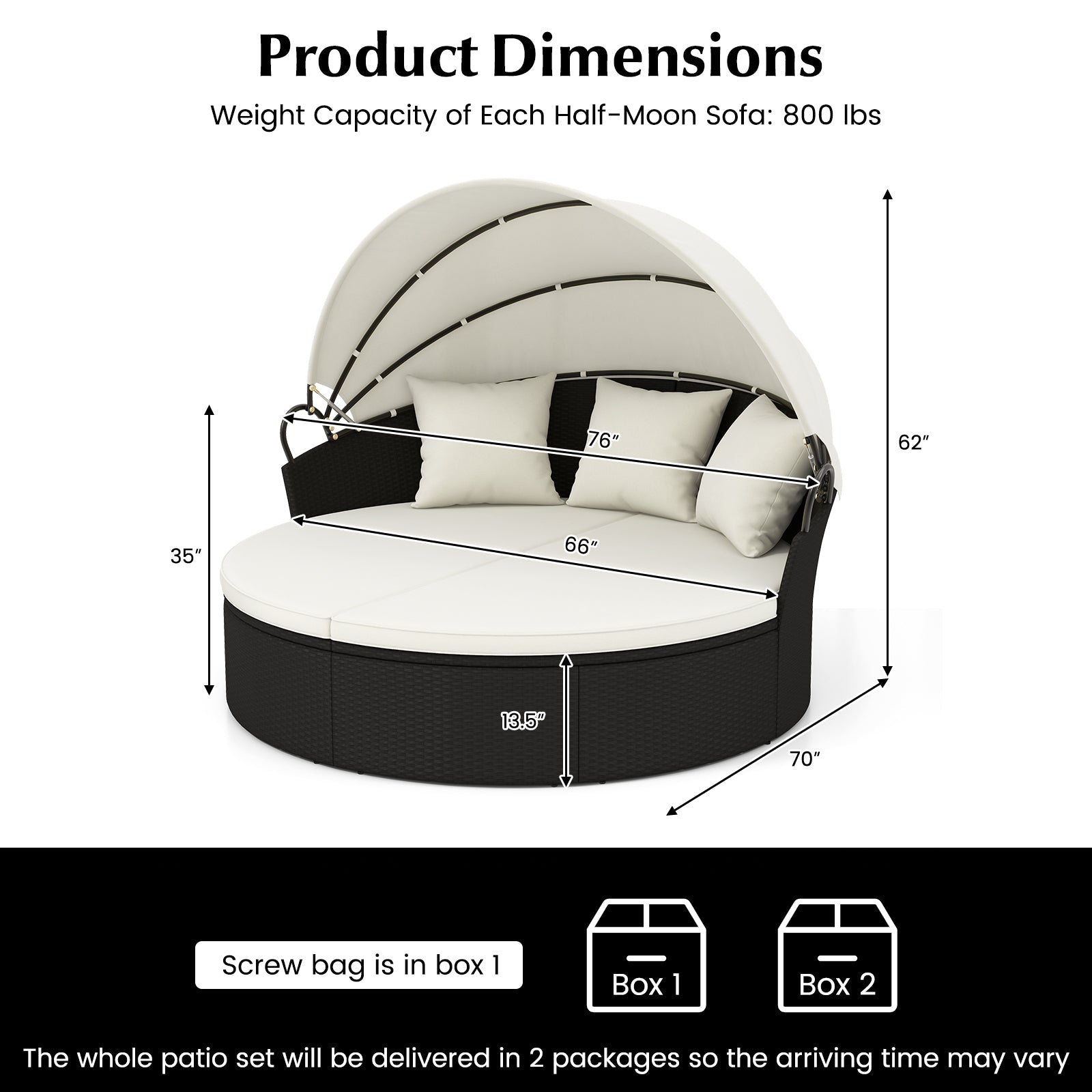 Clamshell Patio Round Daybed Wicker with Retractable Canopy and Pillows