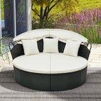 Clamshell Patio Round Daybed Wicker with Retractable Canopy and Pillows