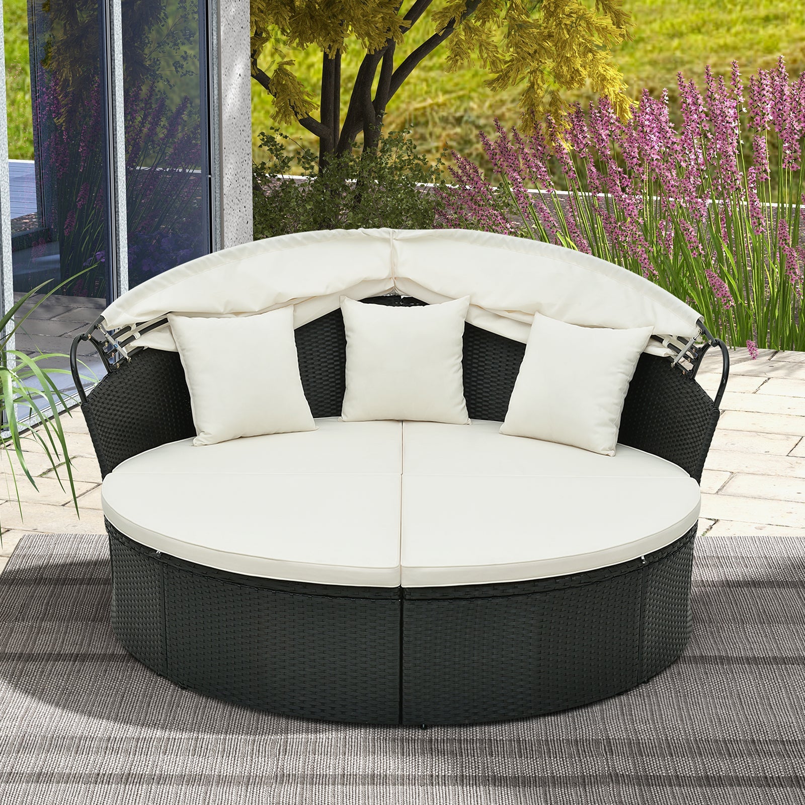 Clamshell Patio Round Daybed Wicker with Retractable Canopy and Pillows