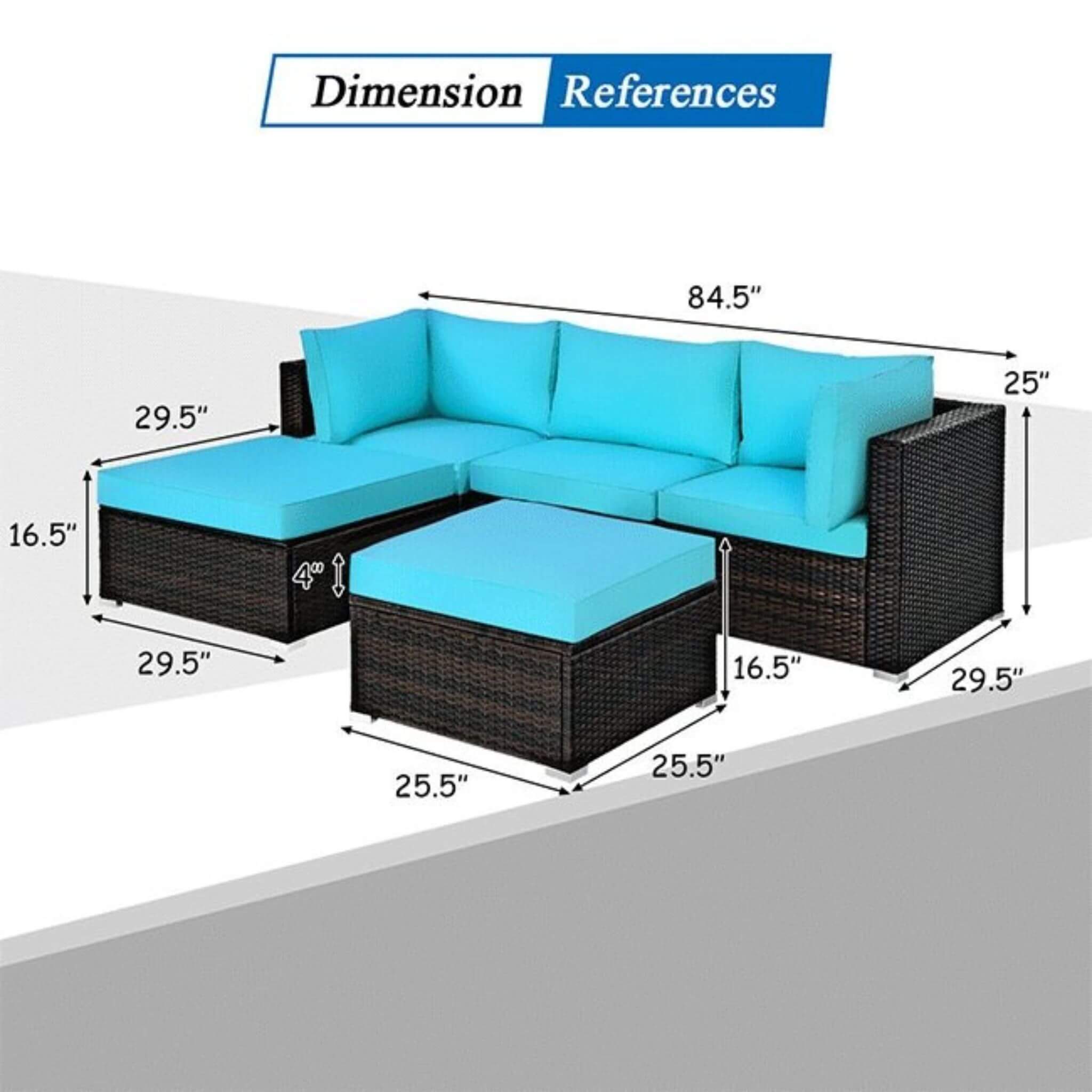 Outdoor 5-Piece Patio Rattan Turquoise Furniture Sectional Conversation Sofa Set