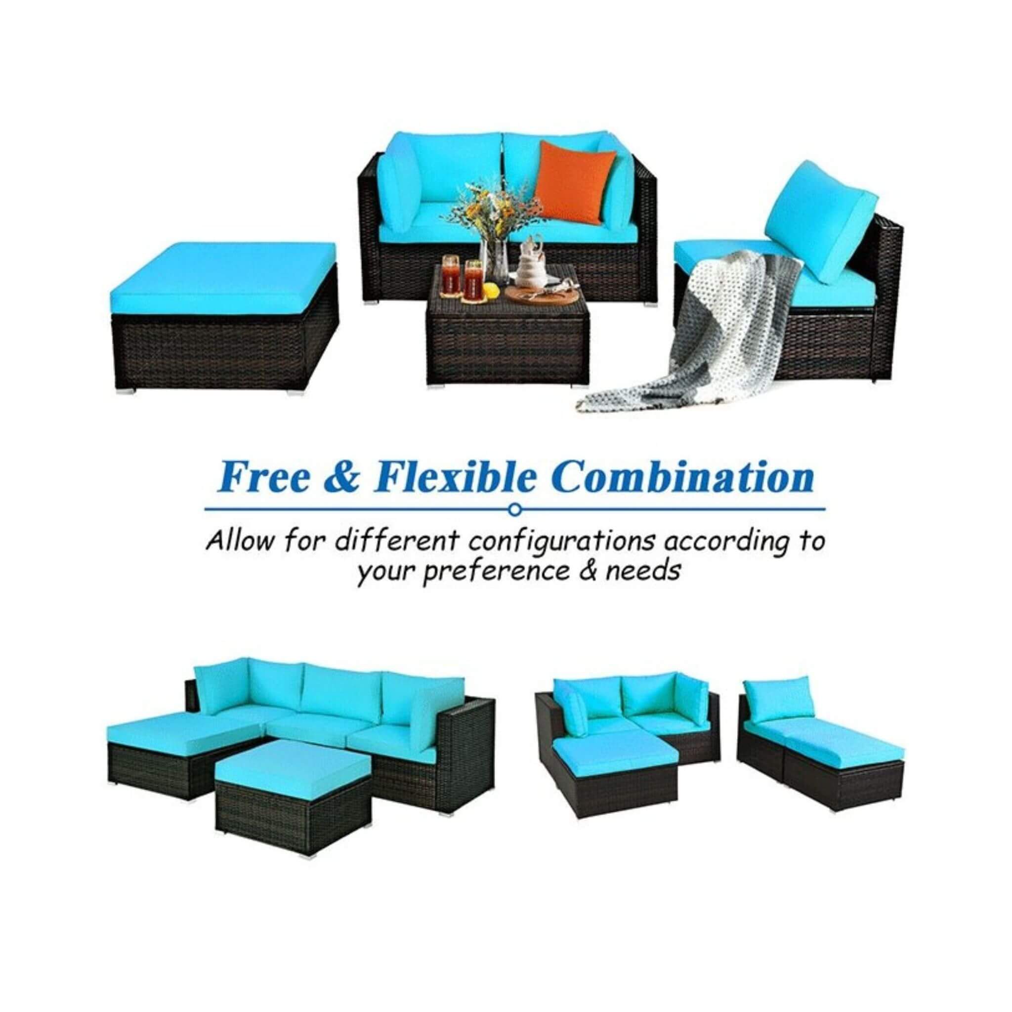 Outdoor 5-Piece Patio Rattan Turquoise Furniture Sectional Conversation Sofa Set