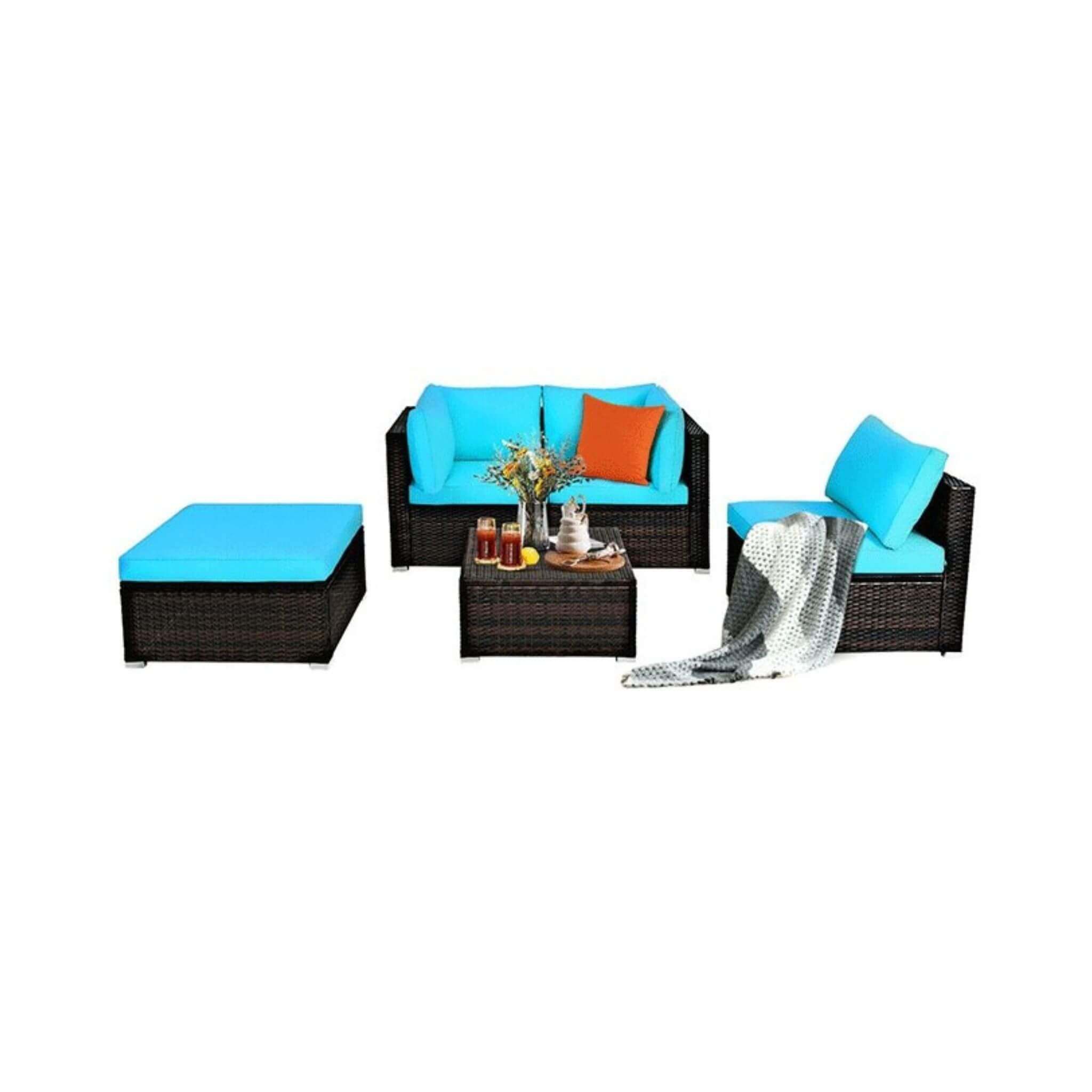 Outdoor 5-Piece Patio Rattan Turquoise Furniture Sectional Conversation Sofa Set