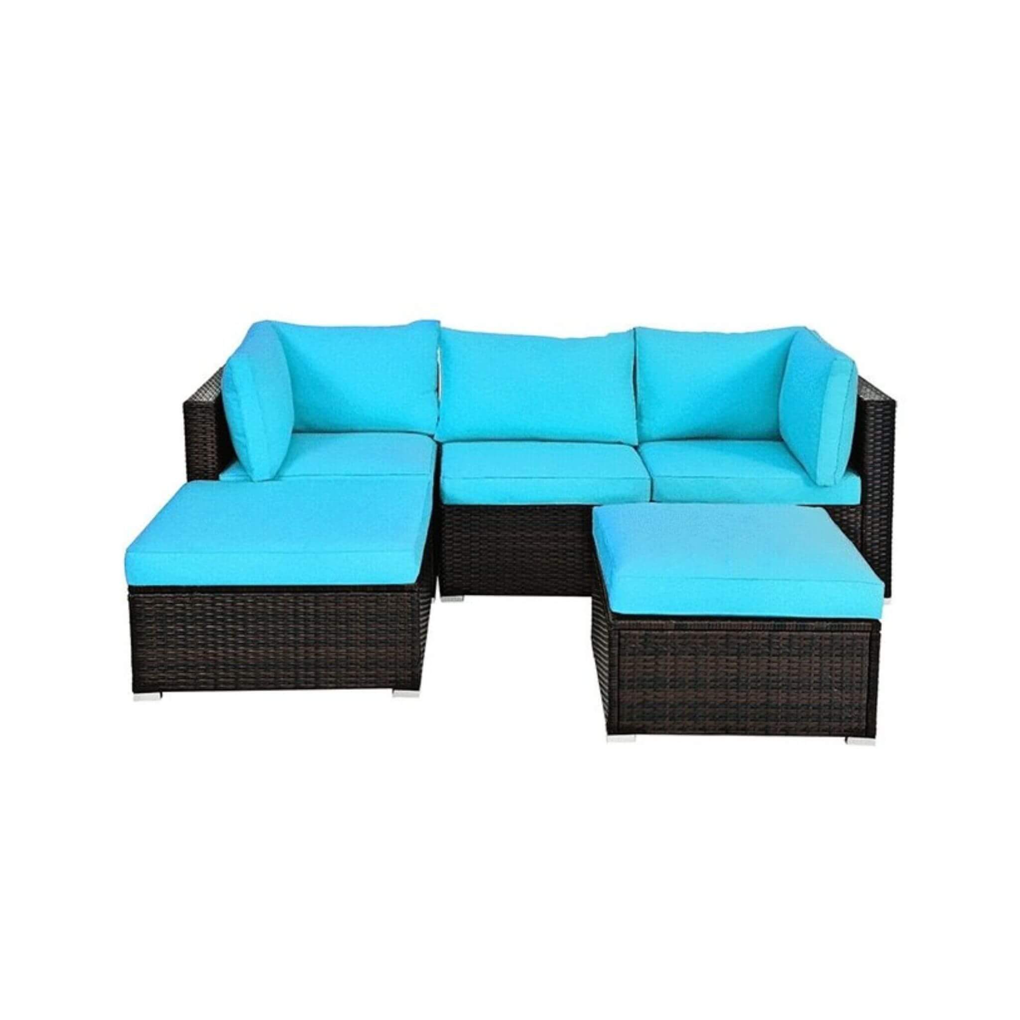Outdoor 5-Piece Patio Rattan Turquoise Furniture Sectional Conversation Sofa Set