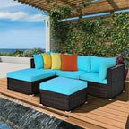 Outdoor 5-Piece Patio Rattan Turquoise Furniture Sectional Conversation Sofa Set