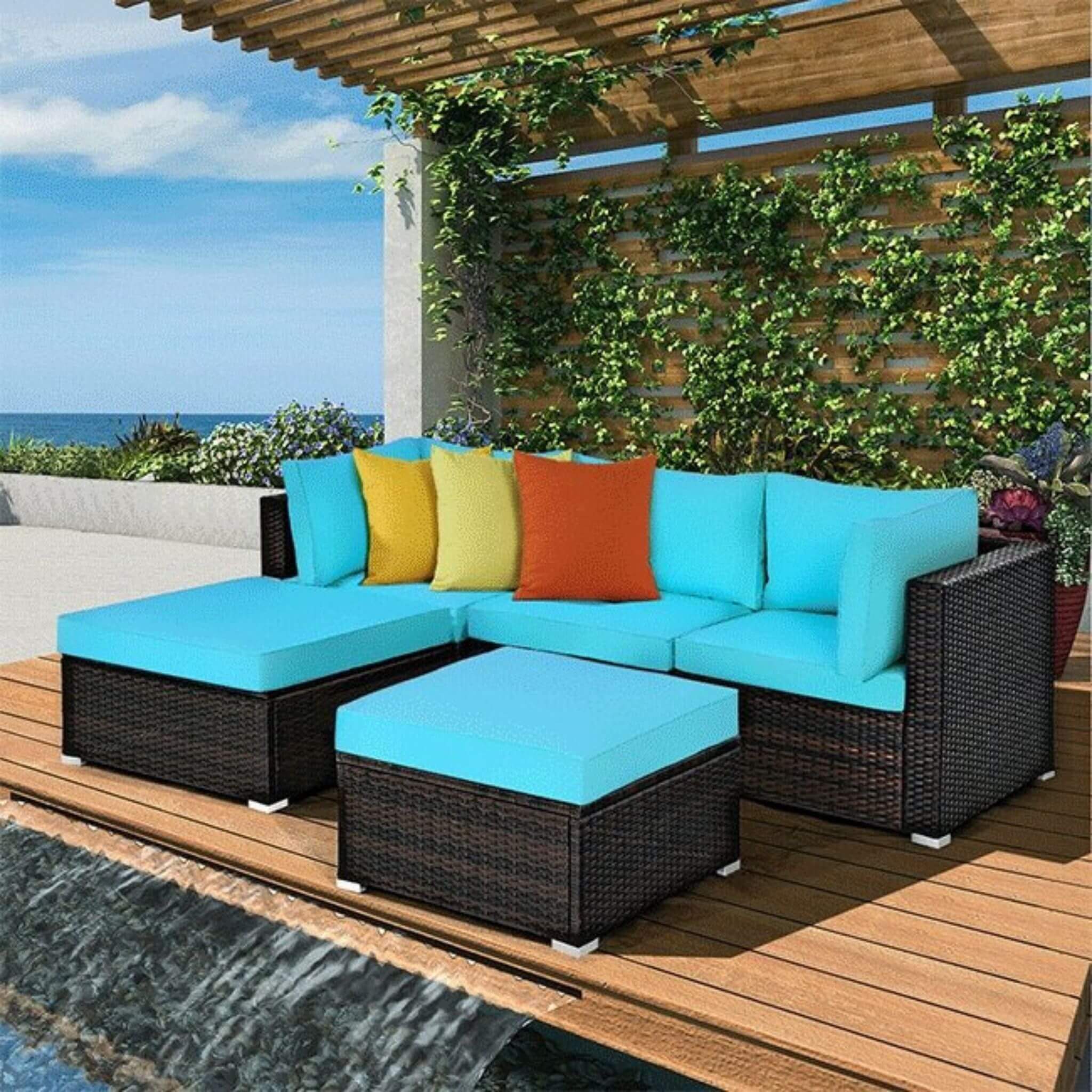 Outdoor 5-Piece Patio Rattan Turquoise Furniture Sectional Conversation Sofa Set