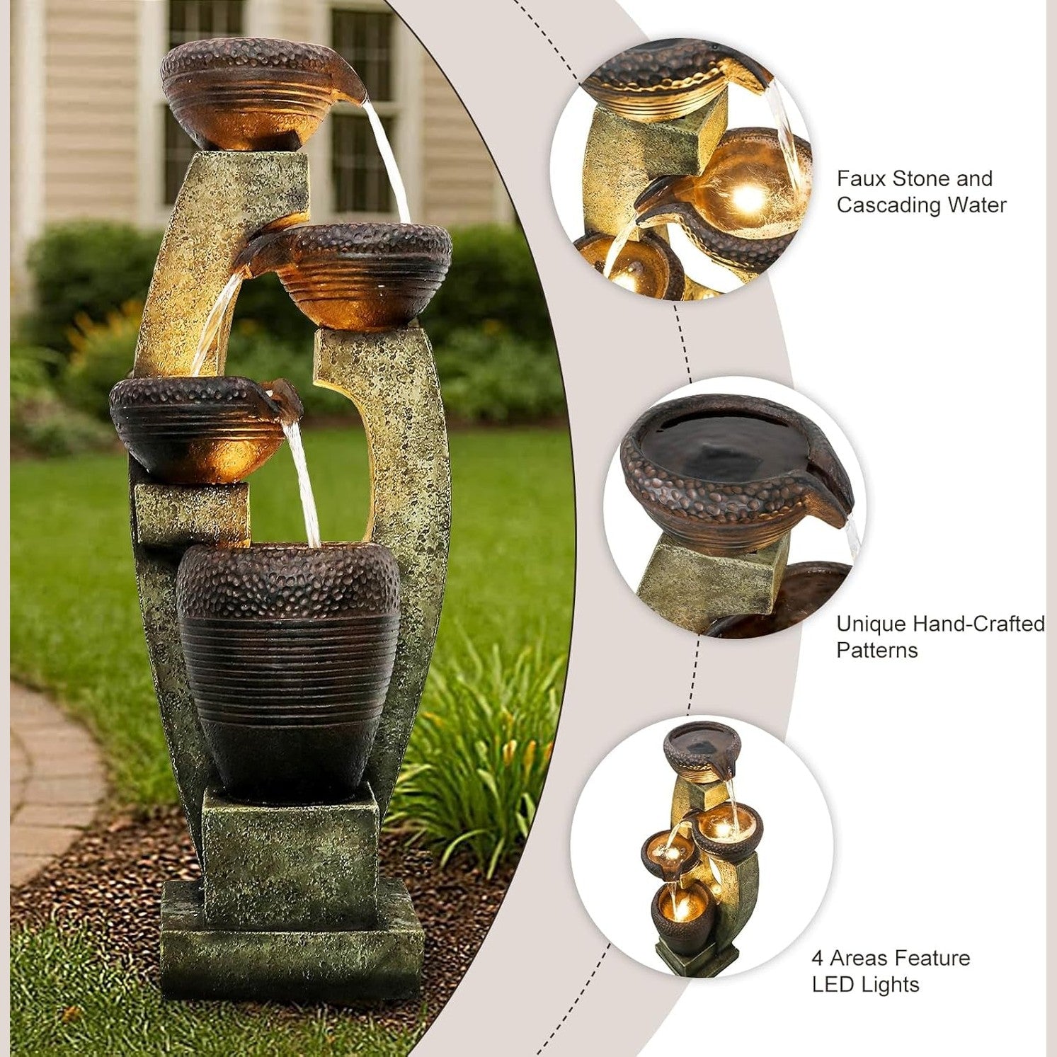 40" Tall Outdoor Water Fountain and Waterfalls - Large Garden Fountain with LED Lights, 4-Tier Crocks, Indoor and Outdoor Fountains for Garden, Patio, Deck, Porch, Backyard and Home, Gray