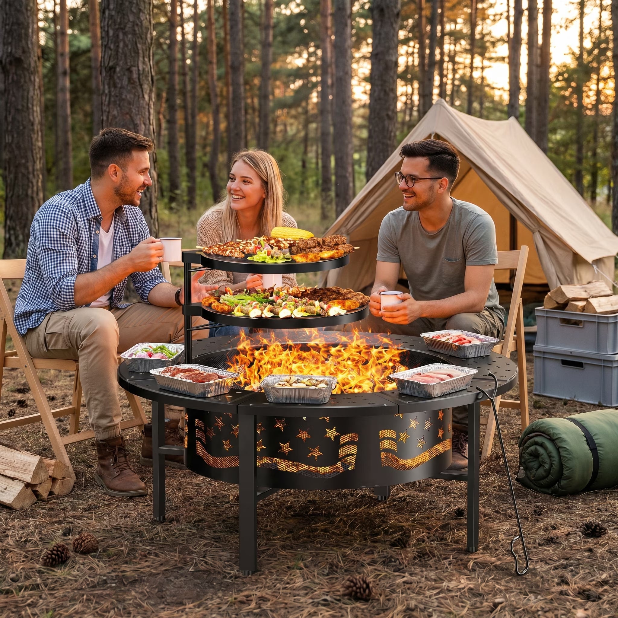 Trumanpick Fire Pit for outside 42" Wood Burning Fire Pit Tables with 2 Adjustable Swivel BBQ Grills, Lid, Poker for Patio Backyard BBQ Ice Storage